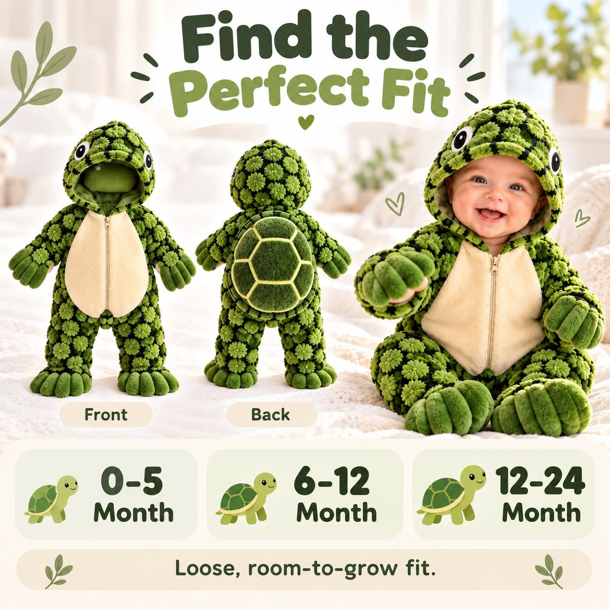 🐢Little Turtle Plush Baby Onesie – 3D Shell Hooded Costume💚✨