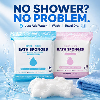 🧼 25-Pack Rinse-Free Disposable Bath Sponges with Soap & Shampoo 💧