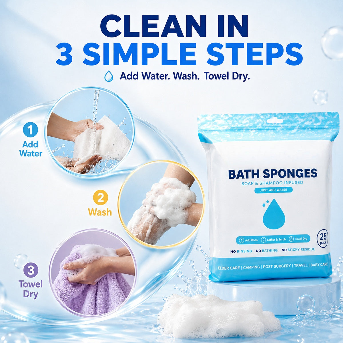 🧼 25-Pack Rinse-Free Disposable Bath Sponges with Soap & Shampoo 💧