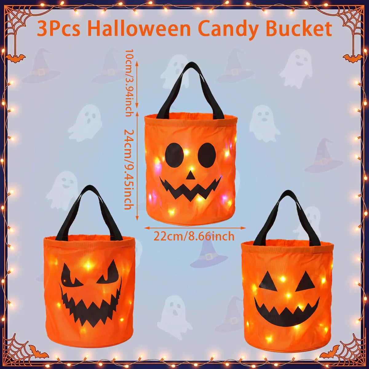 3/4 Pcs Halloween LED Candy Bucket – Reusable Non-Woven Trick or Treat Tote Bags