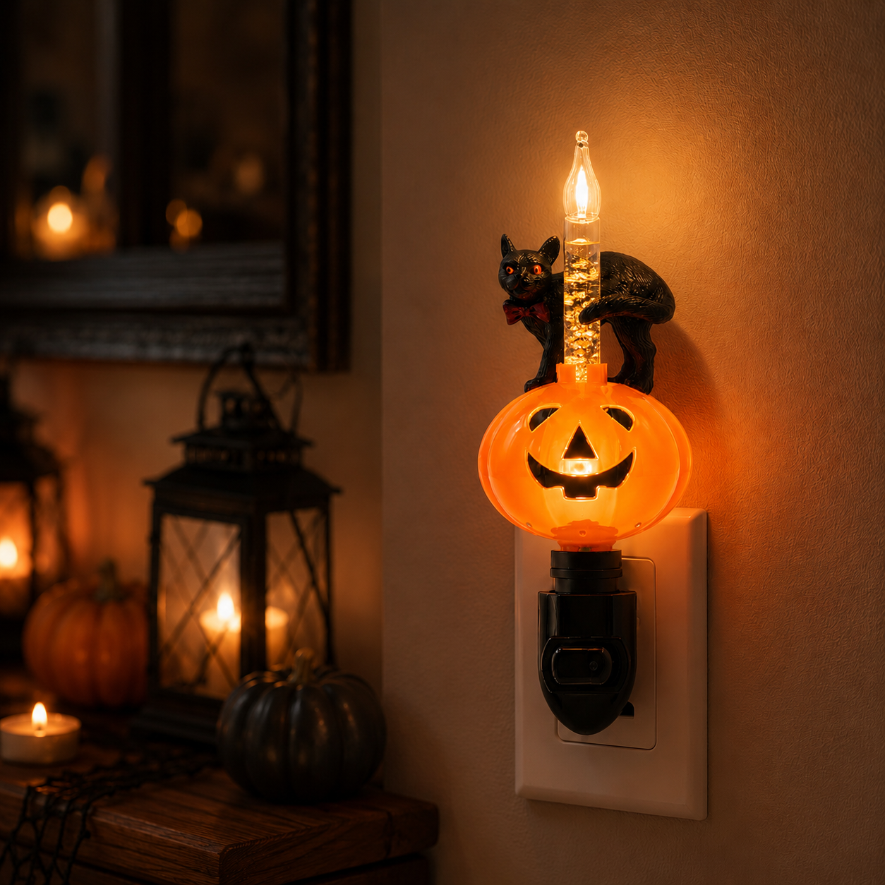 Halloween Pumpkin Jack O' Lantern & Black Cat Bubble Night Light