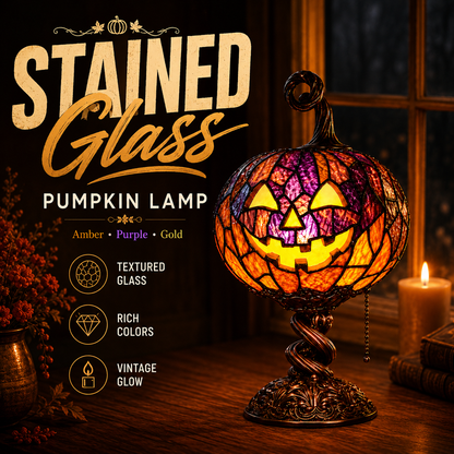🎃 Vintage Stained Glass Pumpkin Table Lamp – Warm Halloween Accent Light