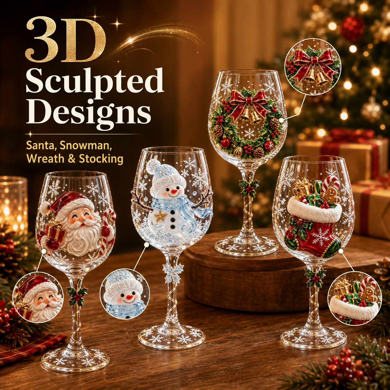 🎨 Deluxe 3D Sculpted Christmas Wine Glass — Luxury Gift Box