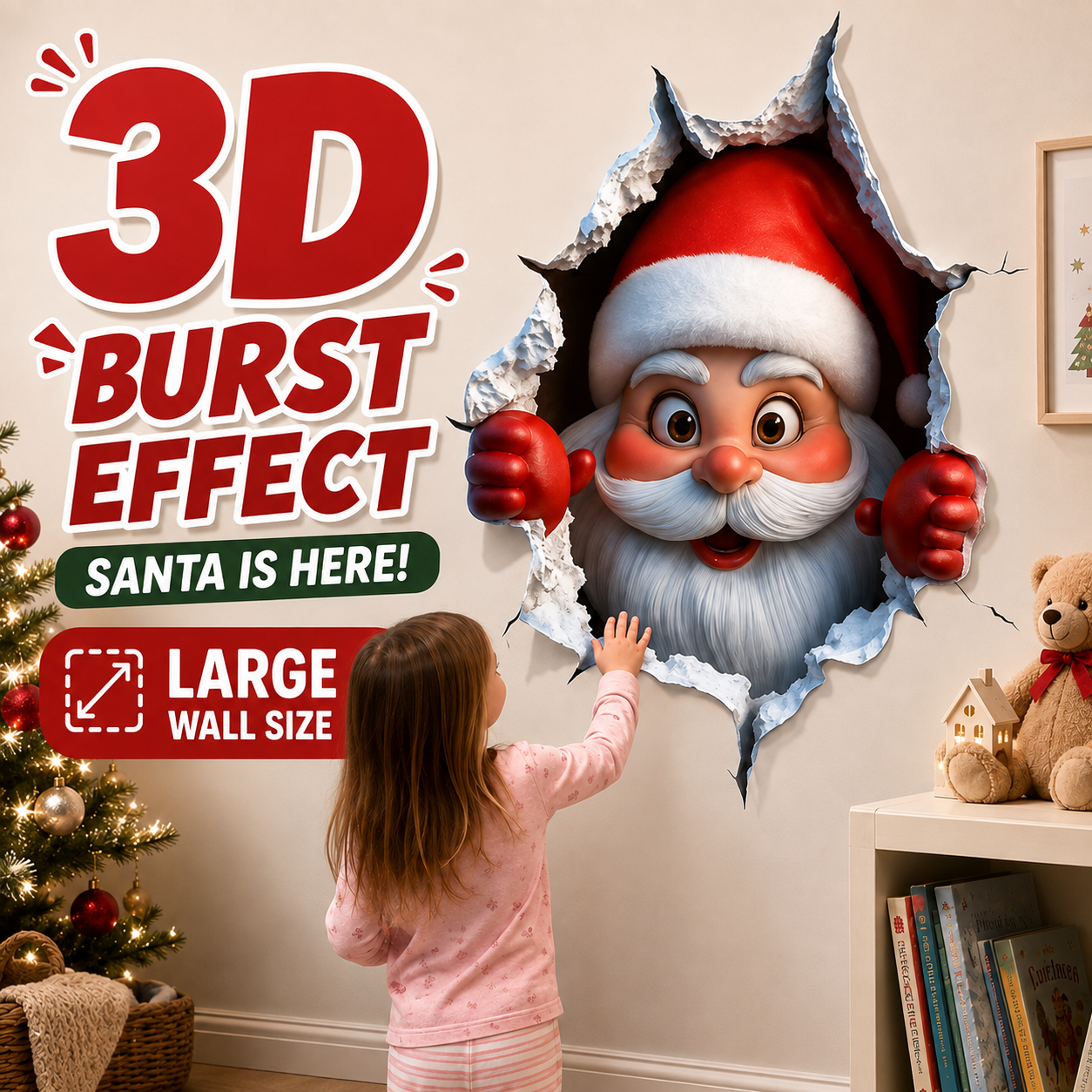 🎅 Bring Christmas Magic Home: 3D Santa Burst Wall Sticker!