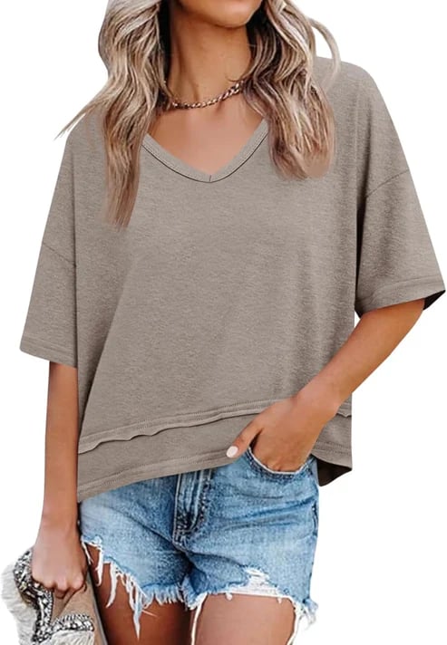 Women Summer V Neck T Shirts Casual Short Sleeve Flowy Tops Cute Loose Fit Basic Tees Summervibes