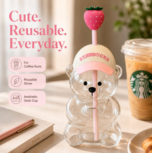 2026 New Cute Beaar Glass Tumbler with Bear Lid & Strawberry Straw