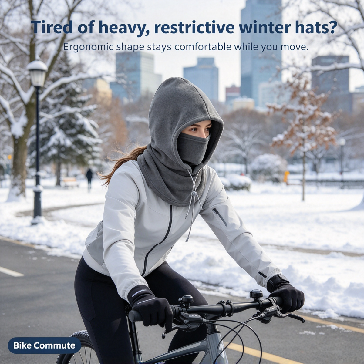 Grey winter face mask hood worn while cycling in cold weather