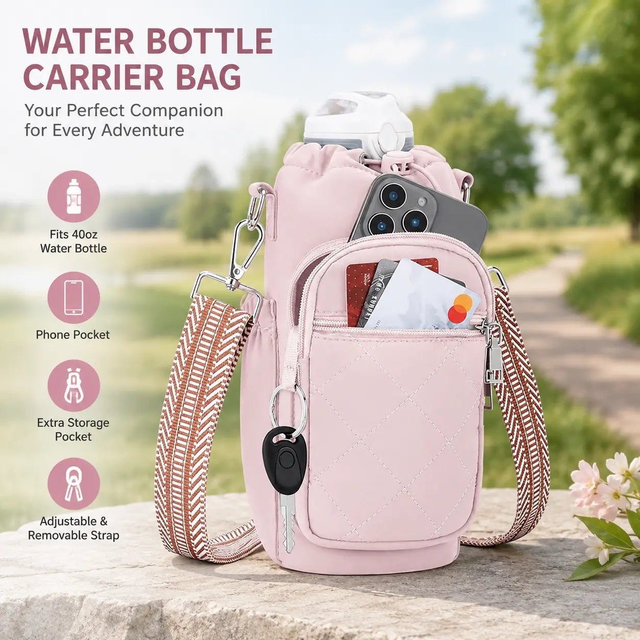 Water Bottle Carrier Bag with Phone Pocket for Stanley Cup 40/30oz
