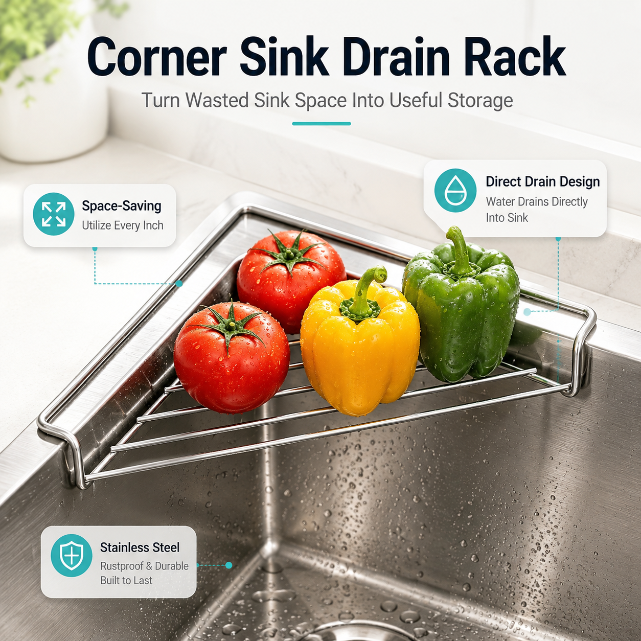 ✨ Stainless Steel Corner Sink Drain Rack | Space-Saving Kitchen Organizer
