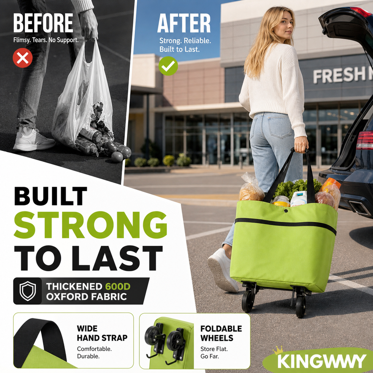 🛒2-in-1 Foldable Shopping Cart with Wheels