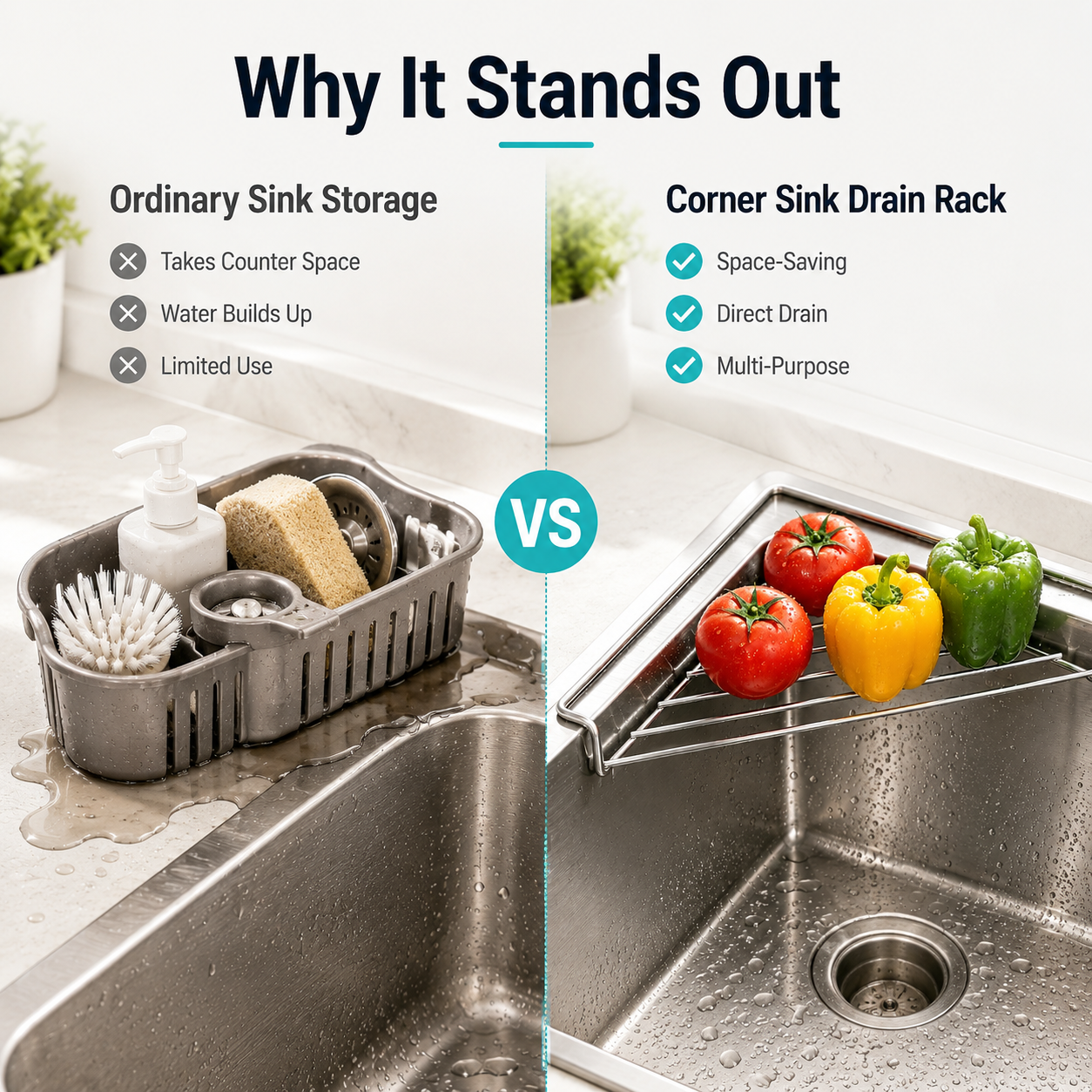 ✨ Stainless Steel Corner Sink Drain Rack | Space-Saving Kitchen Organizer