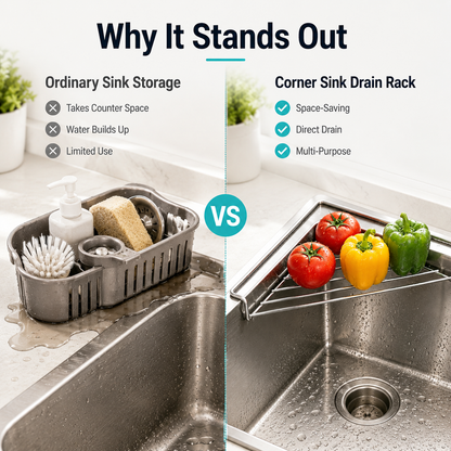 ✨ Stainless Steel Corner Sink Drain Rack | Space-Saving Kitchen Organizer