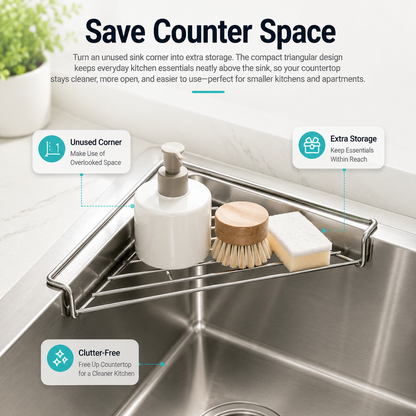 ✨ Stainless Steel Corner Sink Drain Rack | Space-Saving Kitchen Organizer