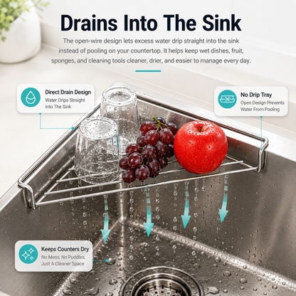✨ Stainless Steel Corner Sink Drain Rack | Space-Saving Kitchen Organizer