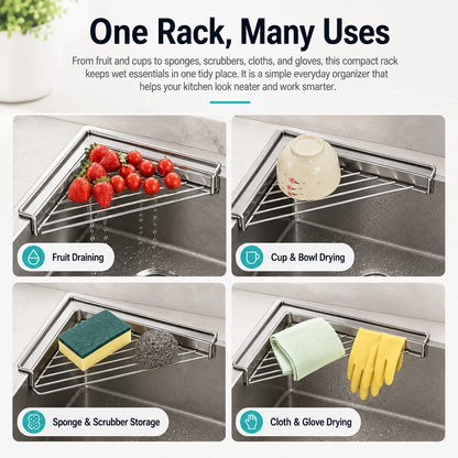 ✨ Stainless Steel Corner Sink Drain Rack | Space-Saving Kitchen Organizer