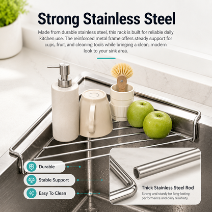 ✨ Stainless Steel Corner Sink Drain Rack | Space-Saving Kitchen Organizer