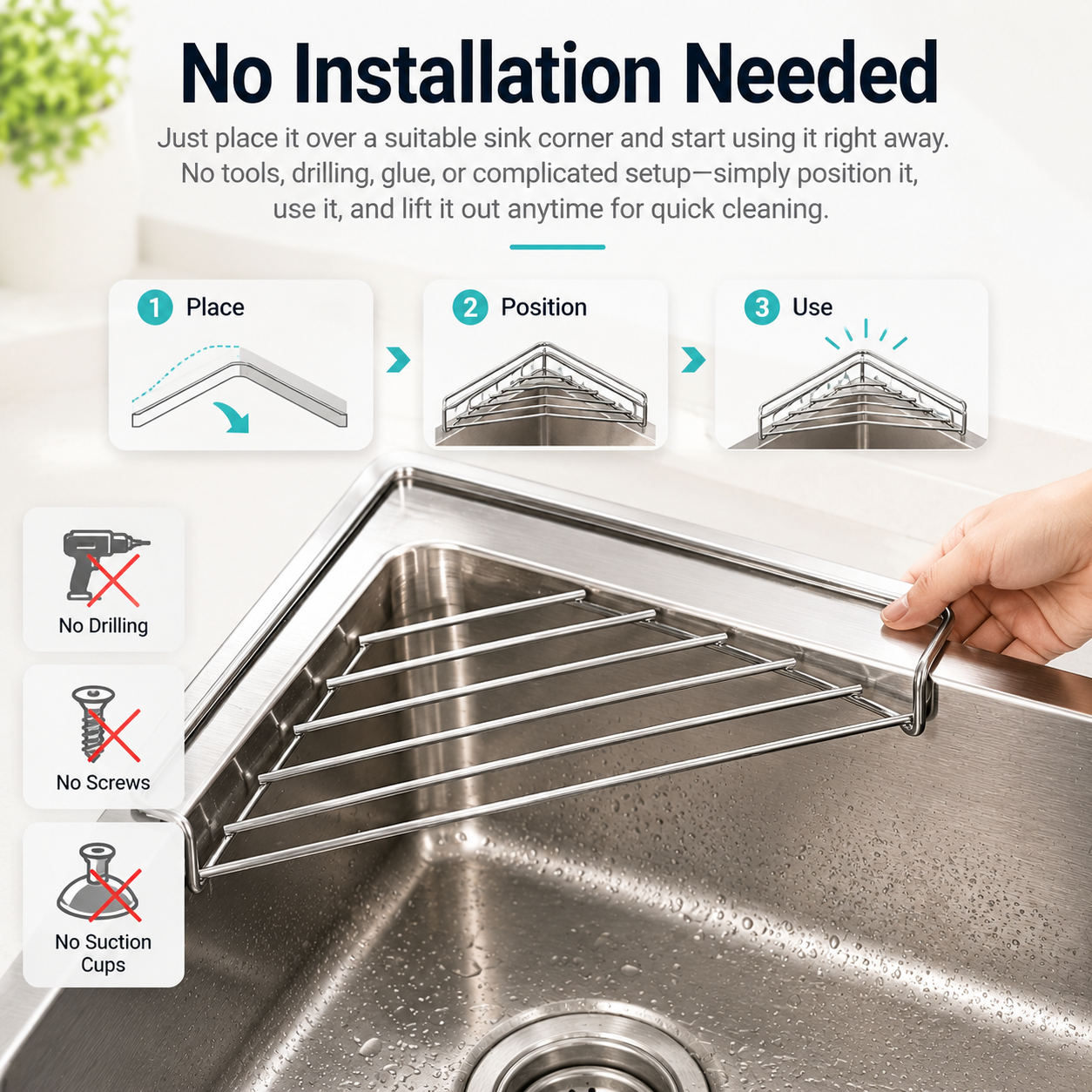 ✨ Stainless Steel Corner Sink Drain Rack | Space-Saving Kitchen Organizer