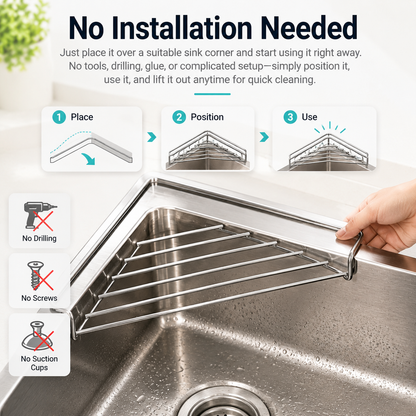 ✨ Stainless Steel Corner Sink Drain Rack | Space-Saving Kitchen Organizer
