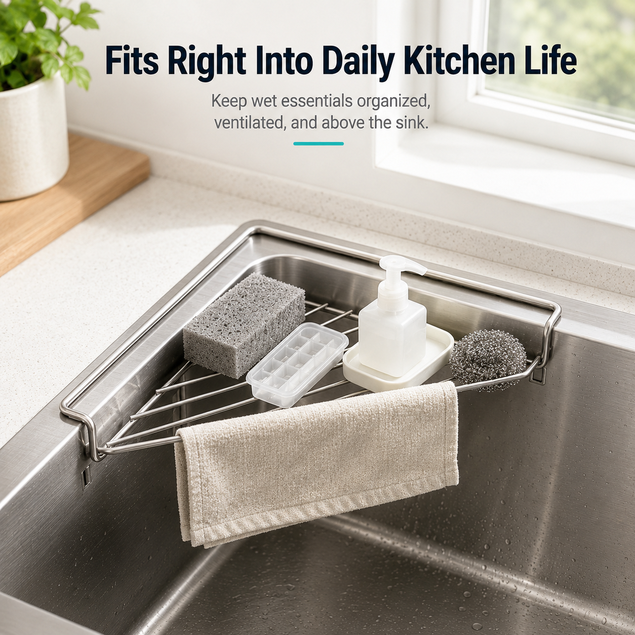 ✨ Stainless Steel Corner Sink Drain Rack | Space-Saving Kitchen Organizer
