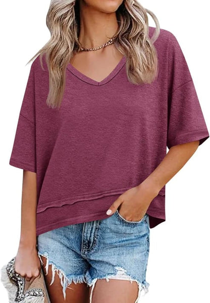 Women Summer V Neck T Shirts Casual Short Sleeve Flowy Tops Cute Loose Fit Basic Tees Summervibes