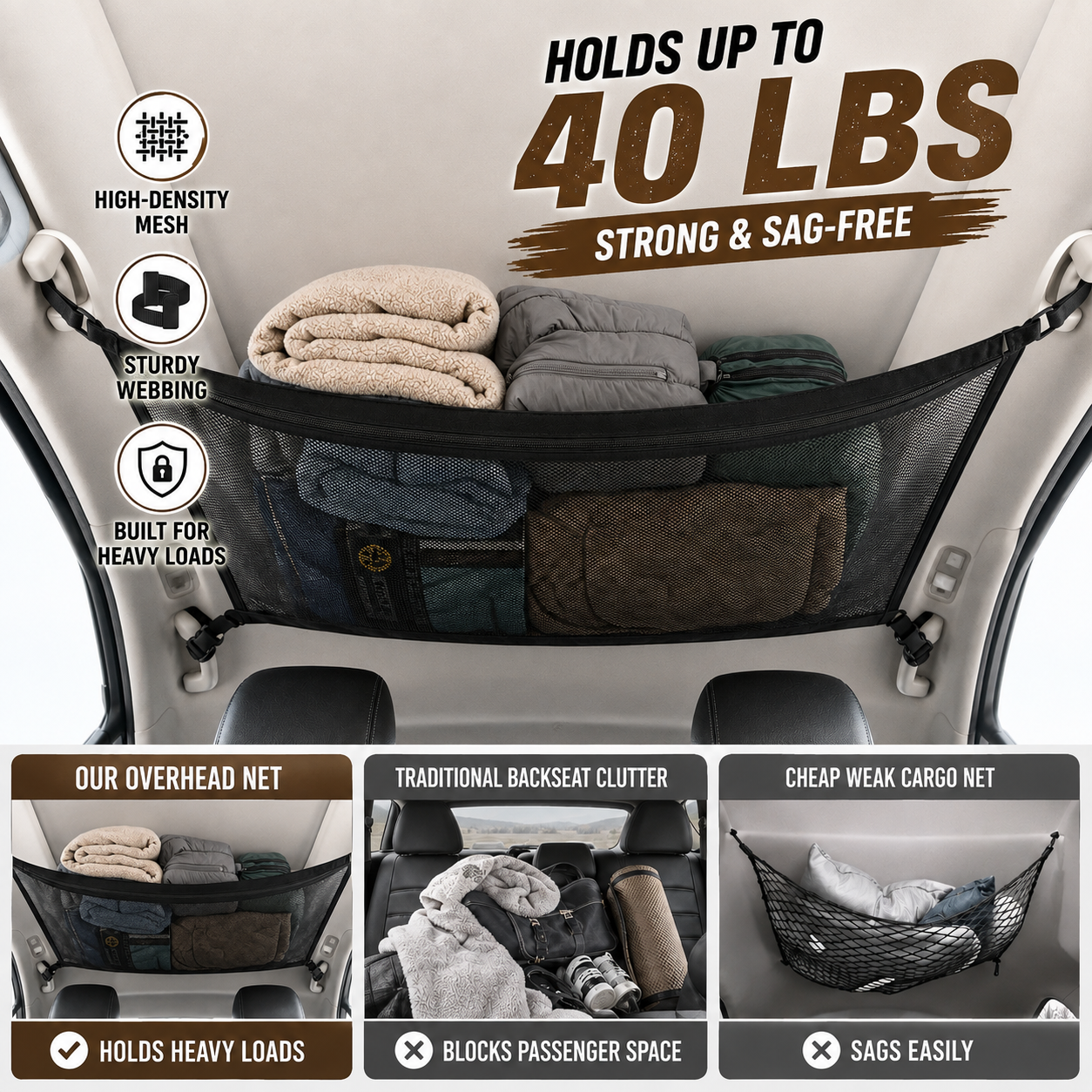 🚗 Car Ceiling Storage Net with Zipper