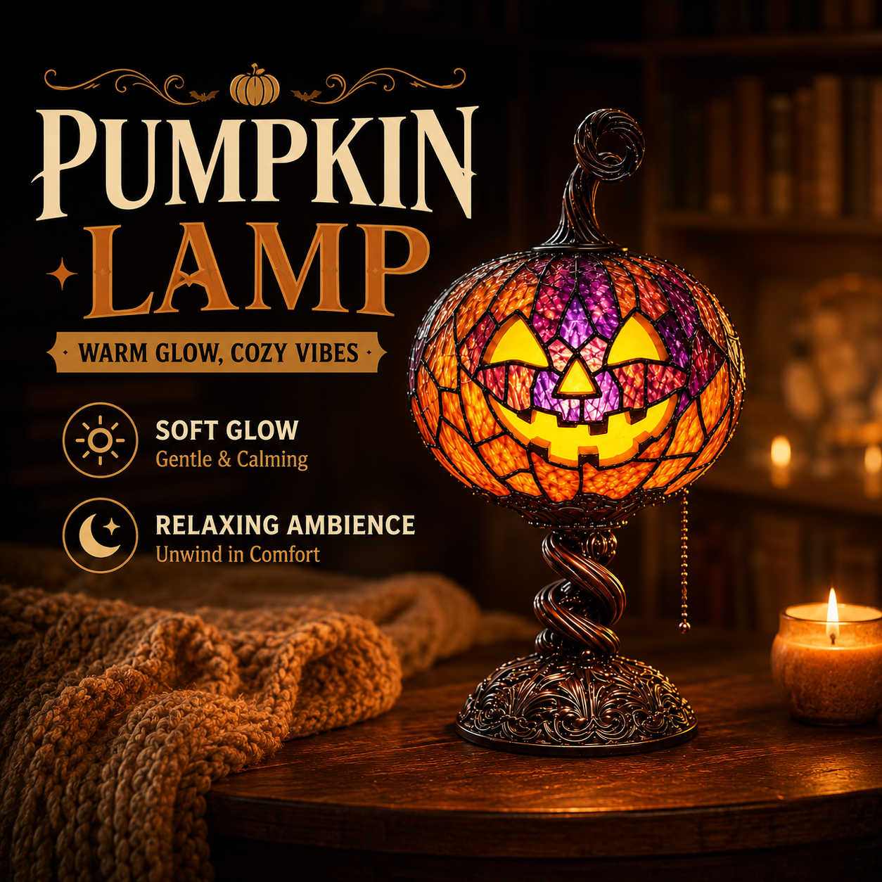 🎃 Vintage Stained Glass Pumpkin Table Lamp – Warm Halloween Accent Light