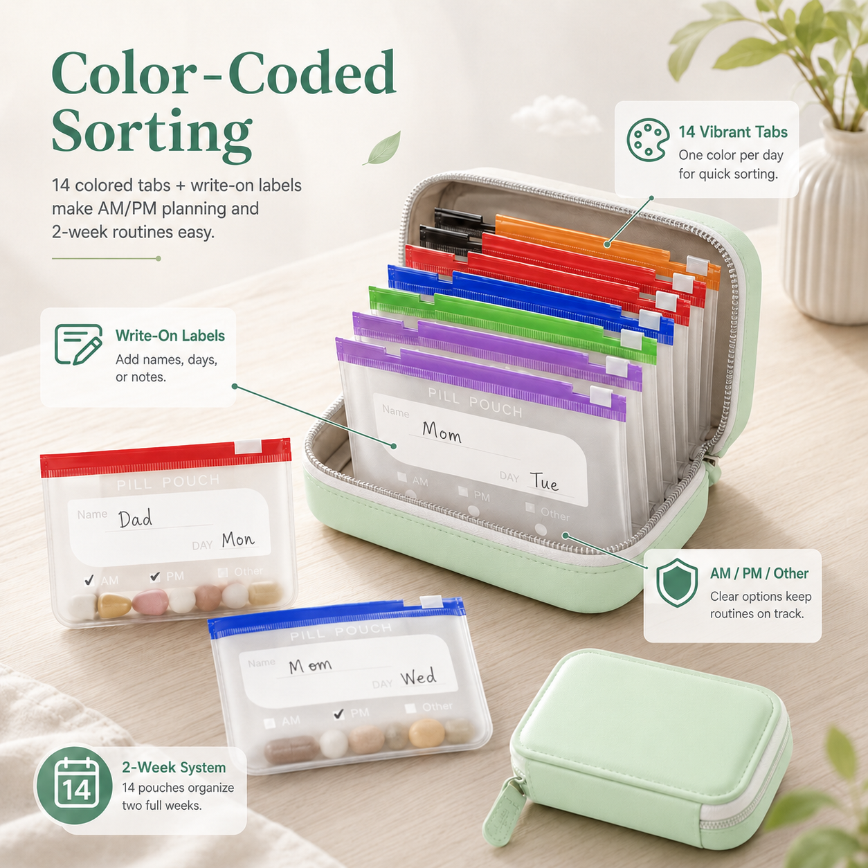 🧳 Smart Pill Organizer Pouch | 14 Color-Coded Bags