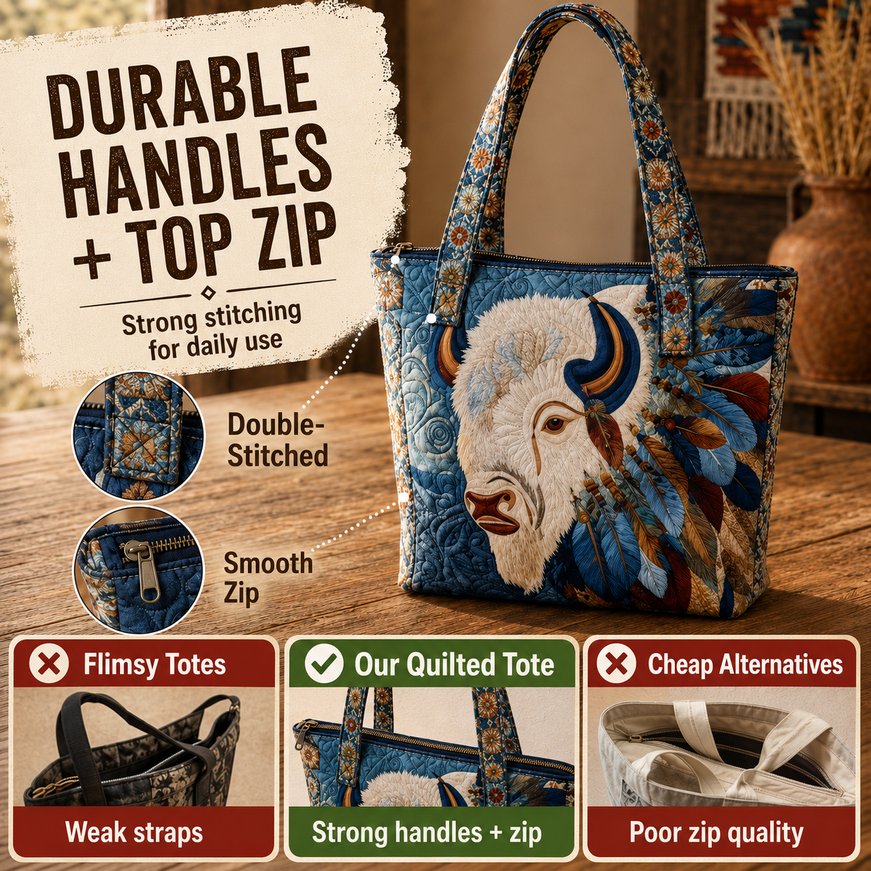 Vintage Boho Floral Horse Quilted Tote Bag👜