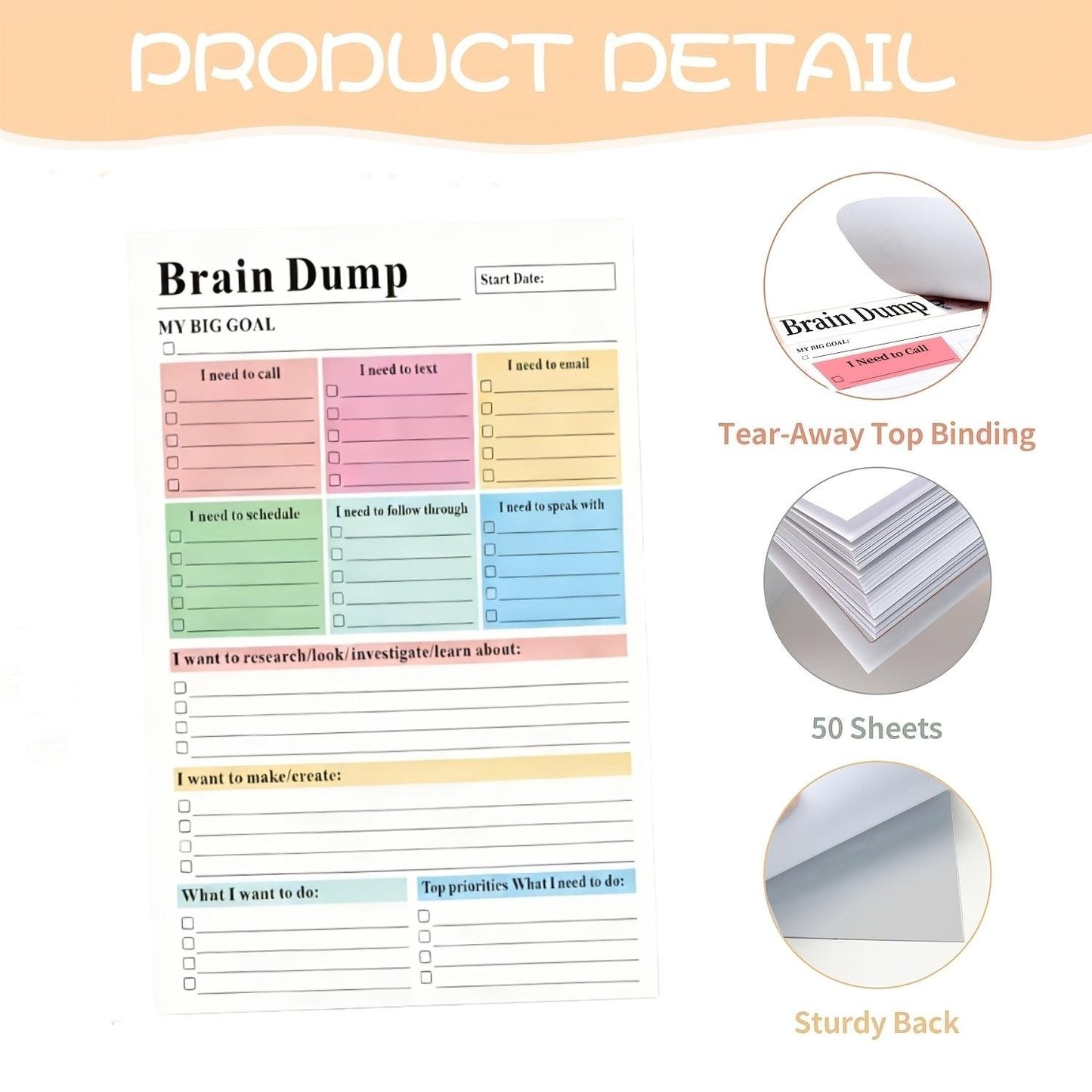 50 Tear-Off Sheets✨ADHD Brain Dump Planner Notepad