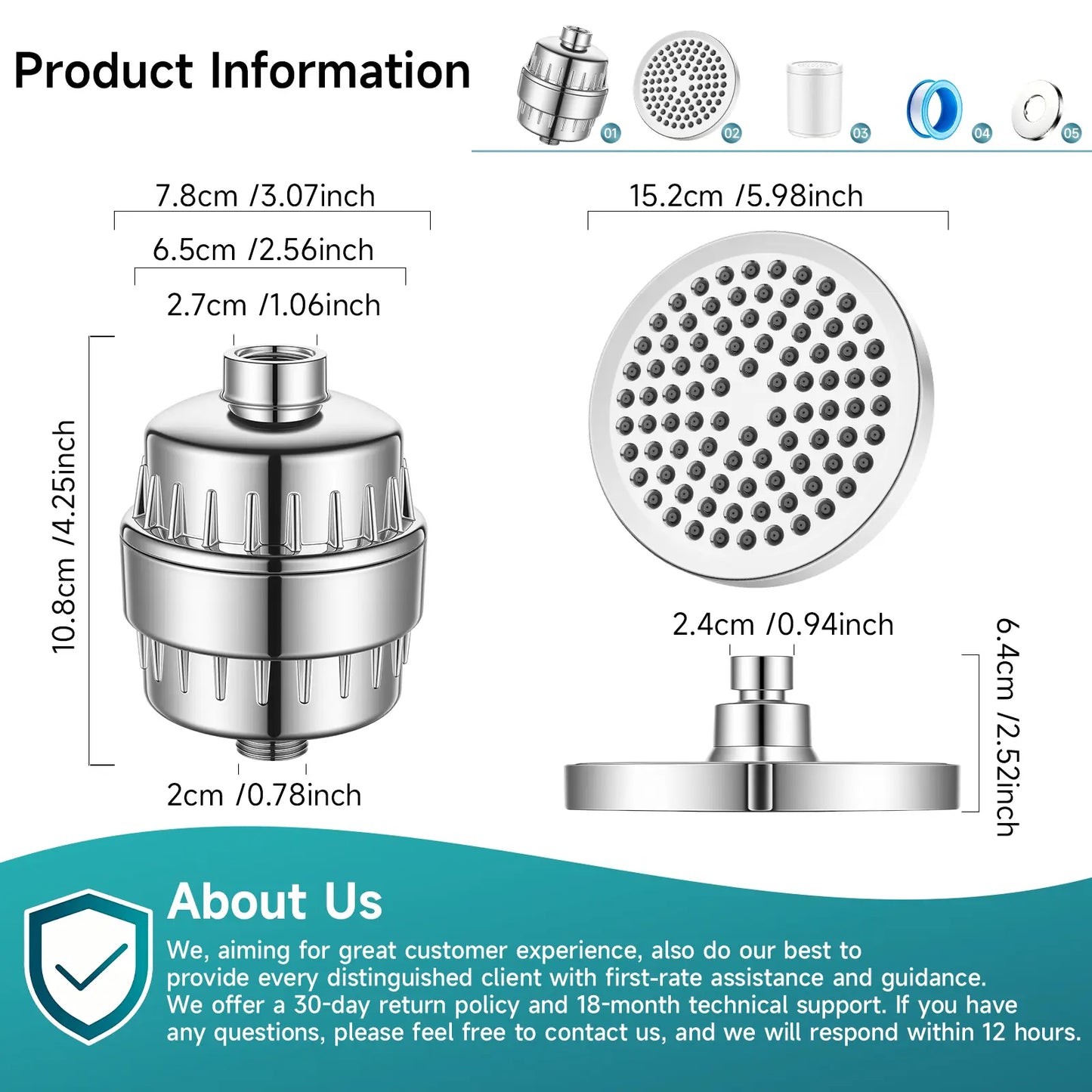 Filtered Shower Head Set 20 Stage Shower Filter - Reduces Chlorine And Heavy MetalsHigh Pressure Showerhead Filter With 6" Round, Luxury Polished Chrome