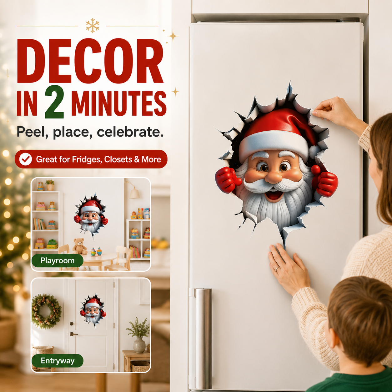 🎅 Bring Christmas Magic Home: 3D Santa Burst Wall Sticker!