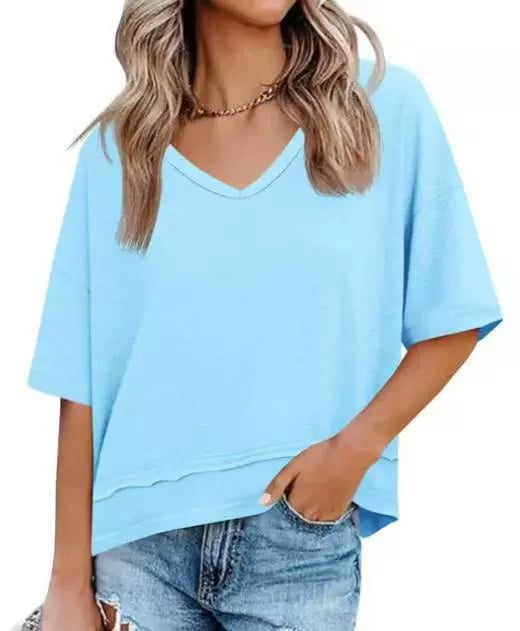 Women Summer V Neck T Shirts Casual Short Sleeve Flowy Tops Cute Loose Fit Basic Tees Summervibes