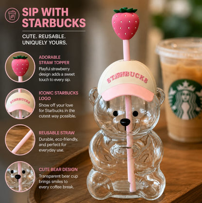 2026 New Cute Beaar Glass Tumbler with Bear Lid & Strawberry Straw