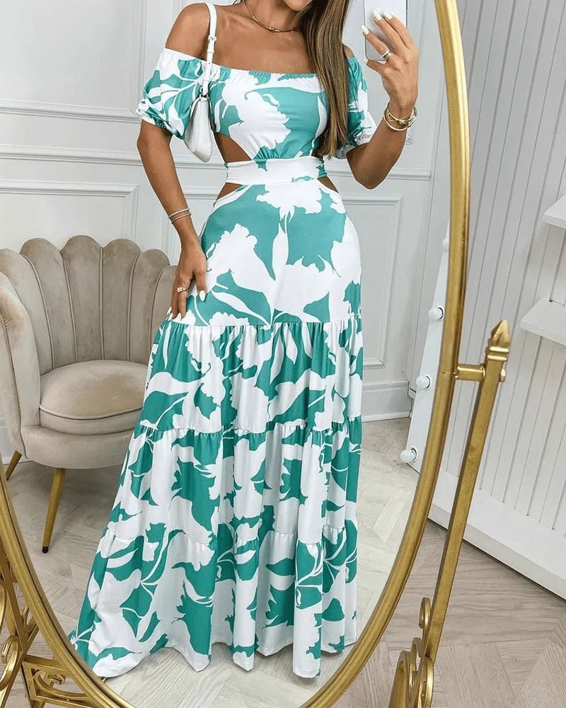 🔥Big sale - Off-the-shoulder Printed Cutout Lace-up Dress