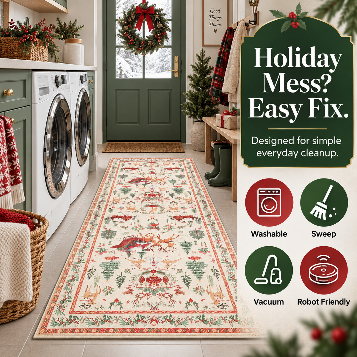 ✨ Christmas Runner Rug – Washable Non-Slip Holiday Floor Mat