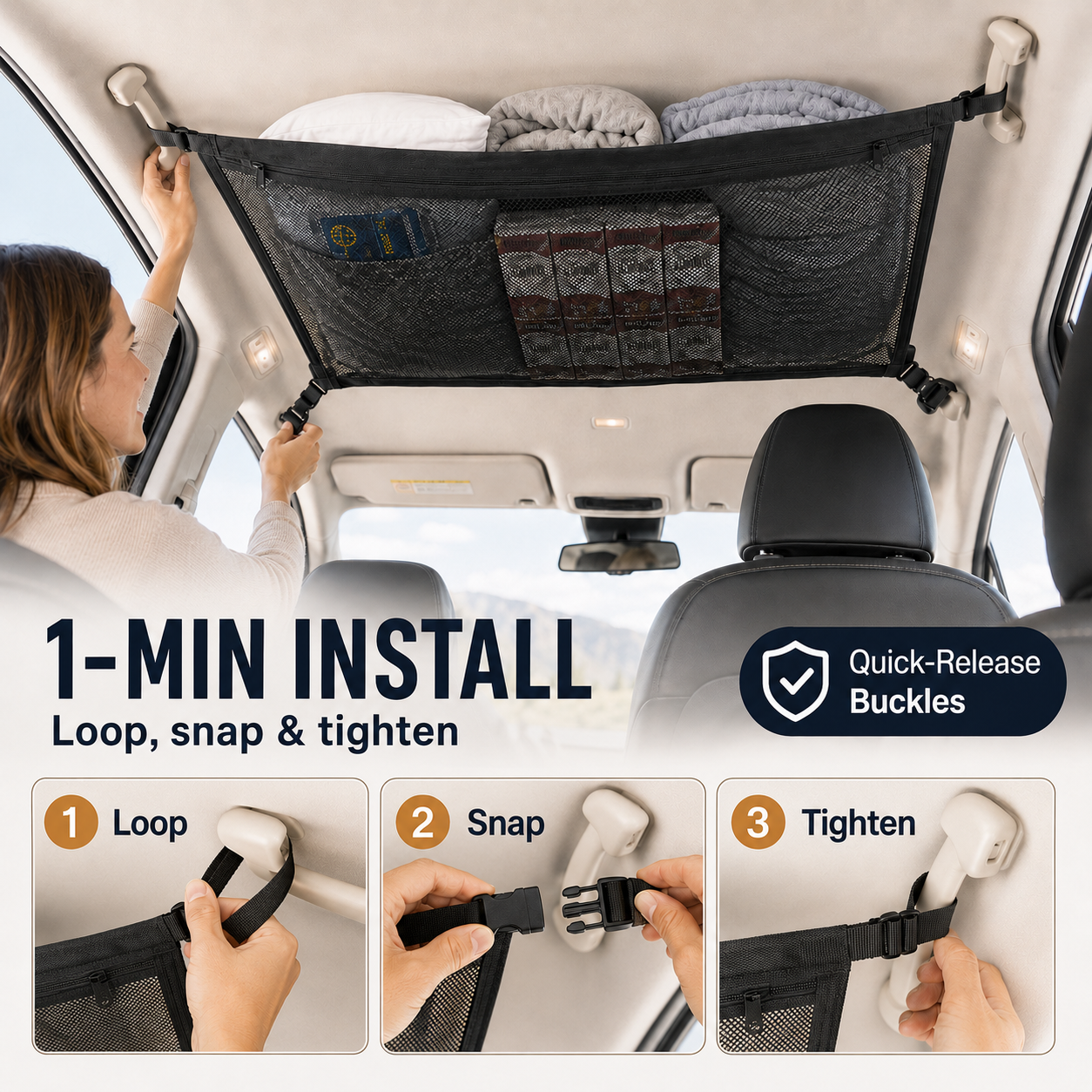 🚗 Car Ceiling Storage Net with Zipper
