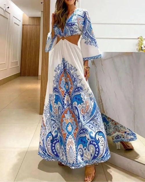 🔥Big sale - Bohemian deep V-neck sexy backless print long dress