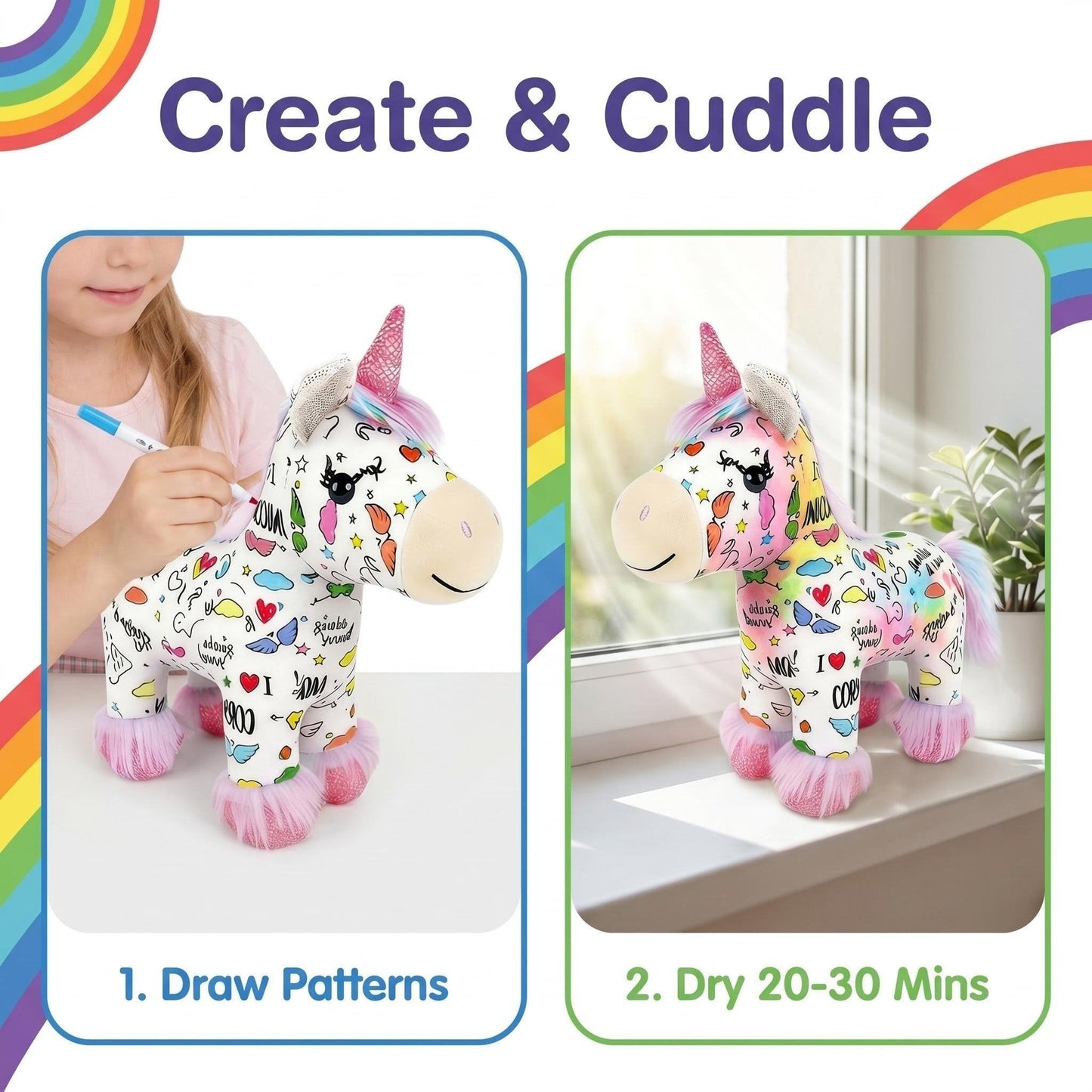 🦄 DIY Coloring Unicorn Plush Kit – Reusable Stuffed Animal Craft Set with 12 Washable Markers