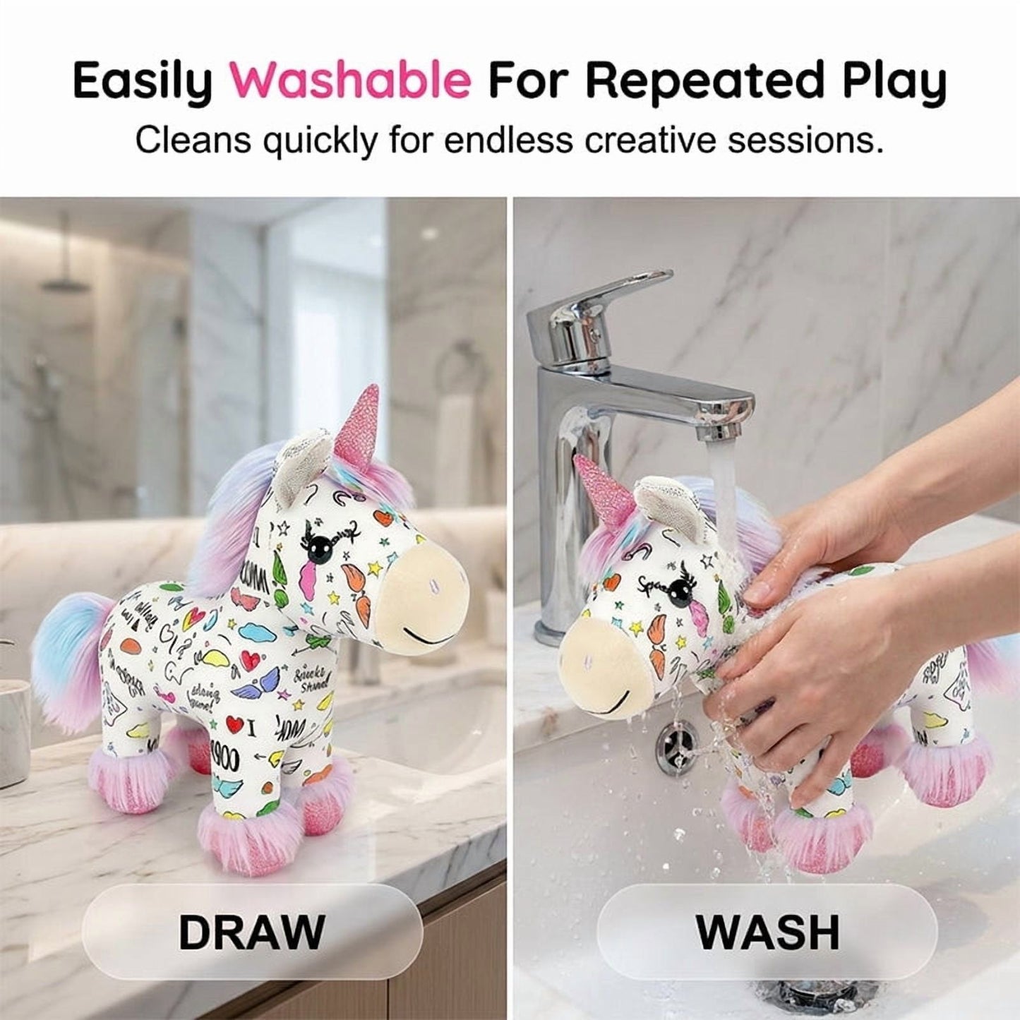 🦄 DIY Coloring Unicorn Plush Kit – Reusable Stuffed Animal Craft Set with 12 Washable Markers