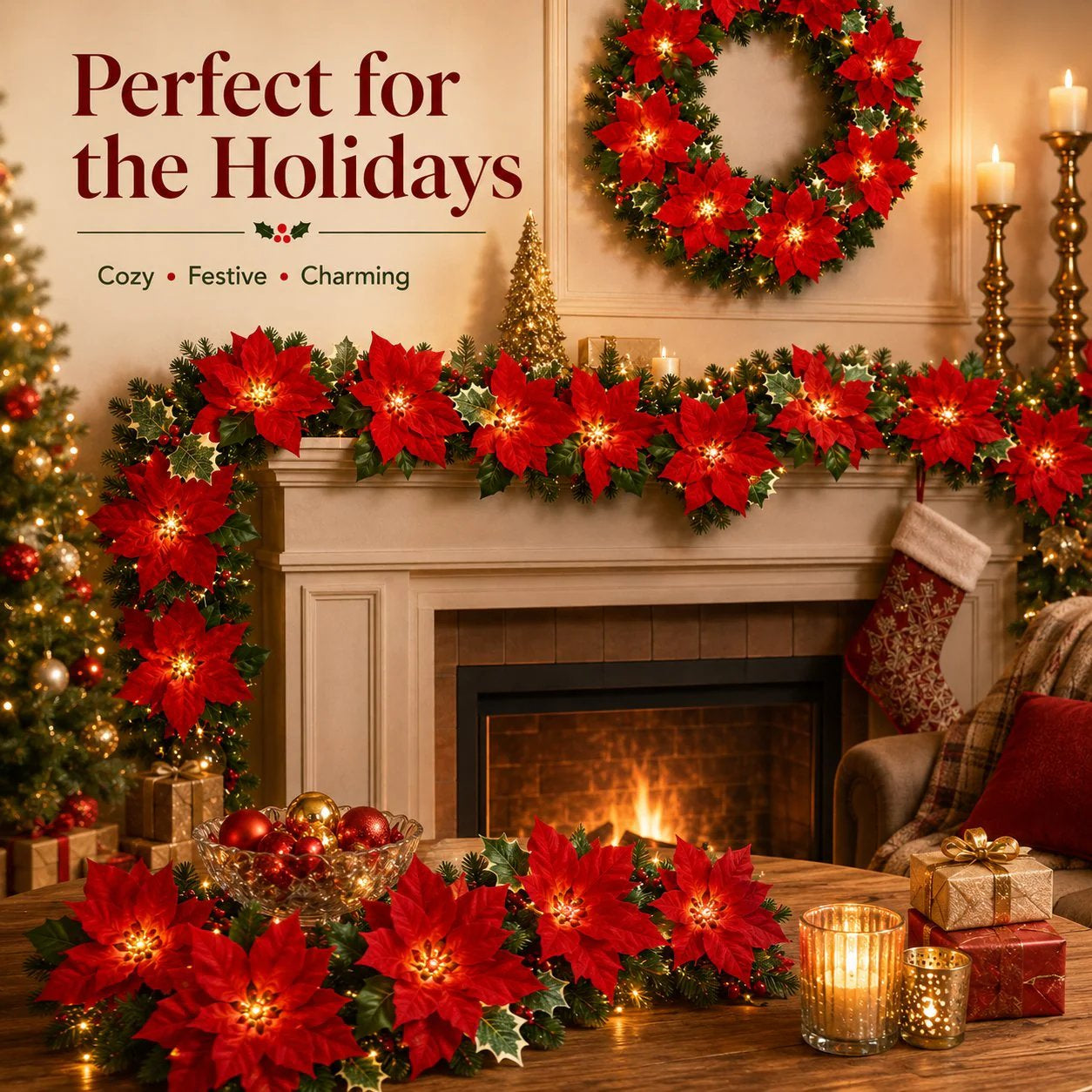 🎄Christmas Gift Decor – Poinsettia LED Garland String Lights✨
