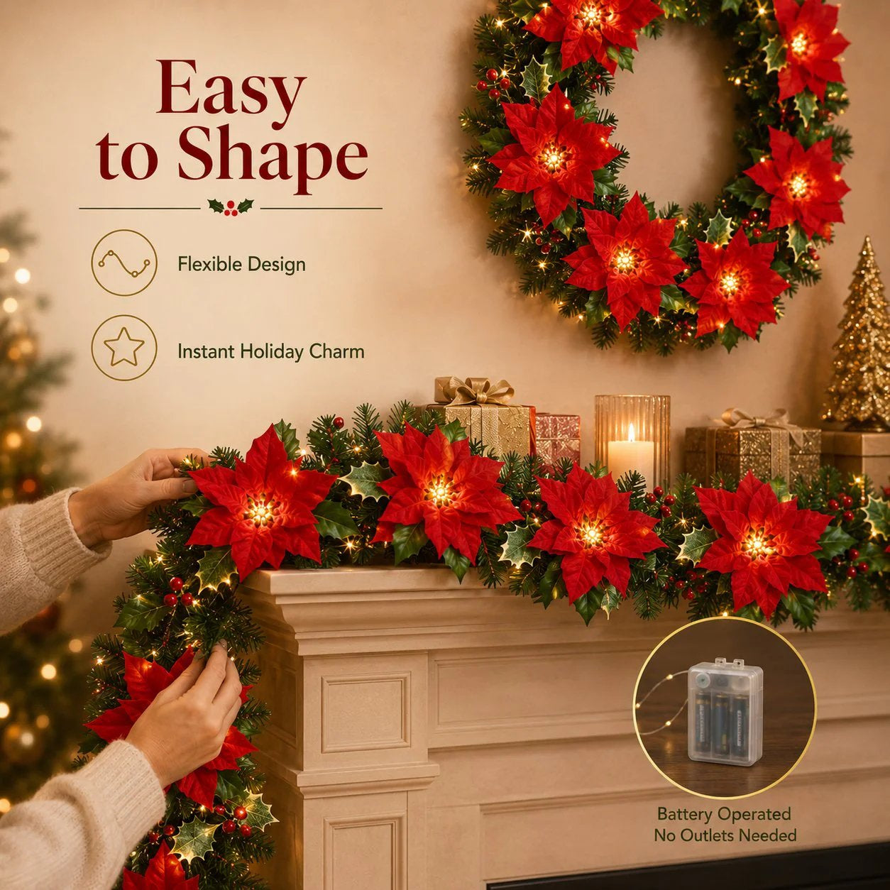 🎄Christmas Gift Decor – Poinsettia LED Garland String Lights✨