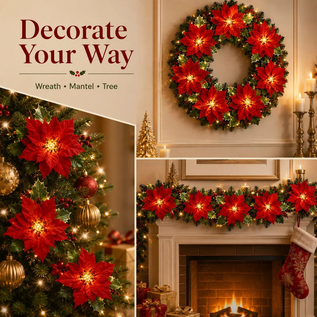 🎄Christmas Gift Decor – Poinsettia LED Garland String Lights✨