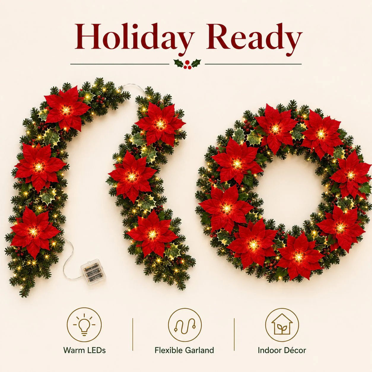 🎄Christmas Gift Decor – Poinsettia LED Garland String Lights✨