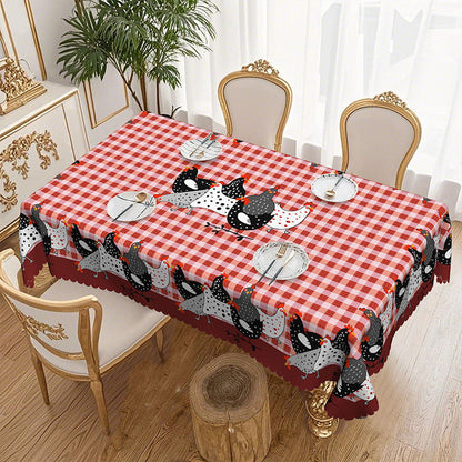 🐓❤️Farmhouse Rooster Tablecloth | Red Buffalo Plaid Chicken Table Cover