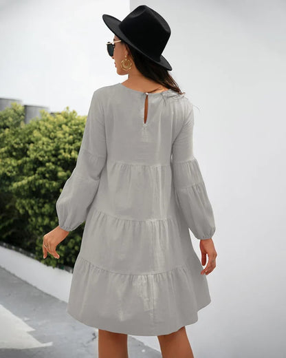 Long Puff Sleeve Shirt Dress Casual Crewneck Loose Fit Sundress Trendy Tiered Layer Summer Mini Dresses