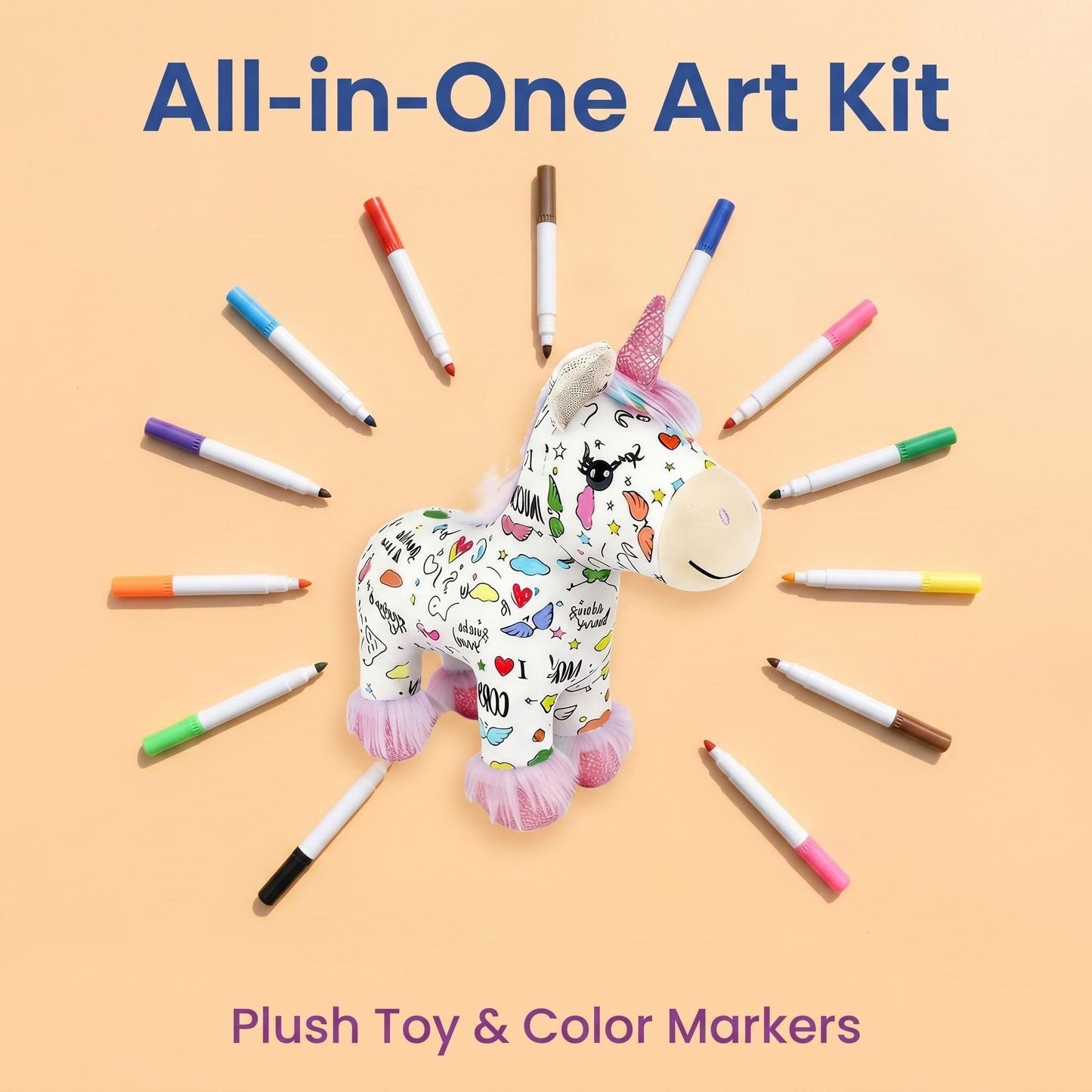 🦄 DIY Coloring Unicorn Plush Kit – Reusable Stuffed Animal Craft Set with 12 Washable Markers