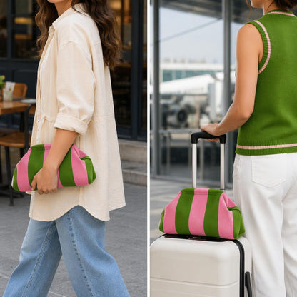 👜 Women’s Striped Crochet Clutch Bag – Lightweight Ruched Woven Makeup Pouch for Travel, Parties & Everyday Style ✨