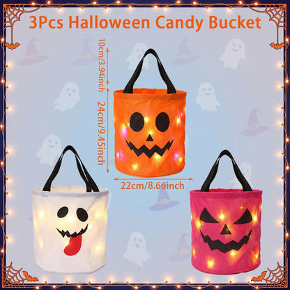 3/4 Pcs Halloween LED Candy Bucket – Reusable Non-Woven Trick or Treat Tote Bags