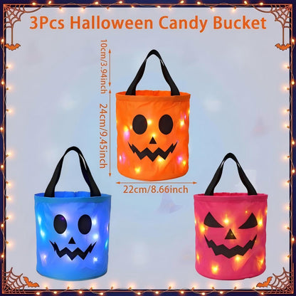 3/4 Pcs Halloween LED Candy Bucket – Reusable Non-Woven Trick or Treat Tote Bags