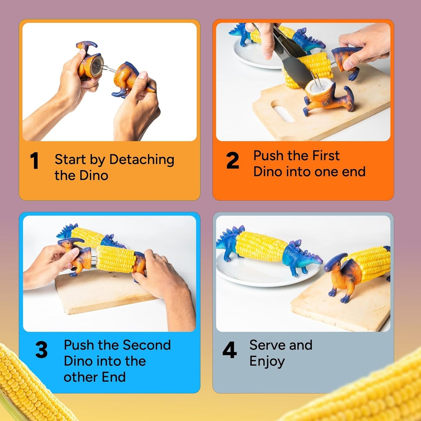 Dinosaur Corn Holders for Corn On The Cob - Funny Corn Cob Holder for Kids and Adults with Stainless Steel Prongs